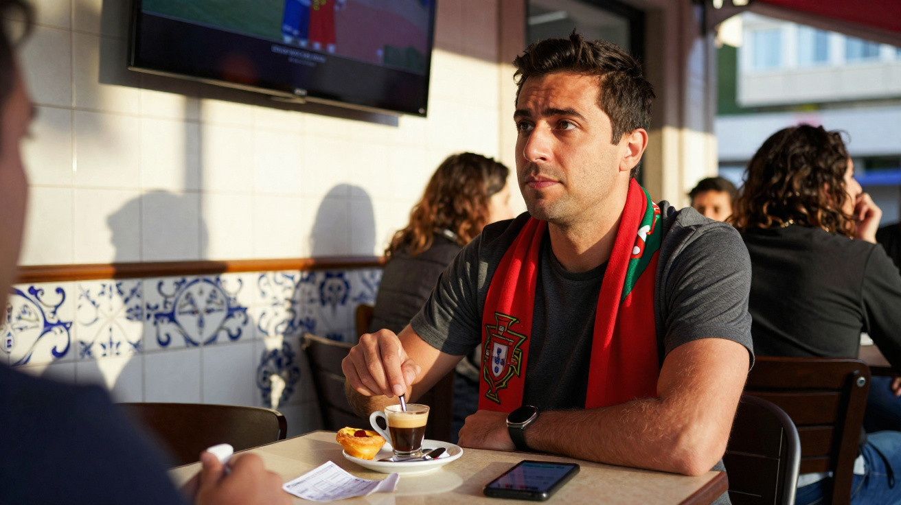 Homem com cachecol de Portugal toma café e assiste a jogo num café com azulejos tradicionais.