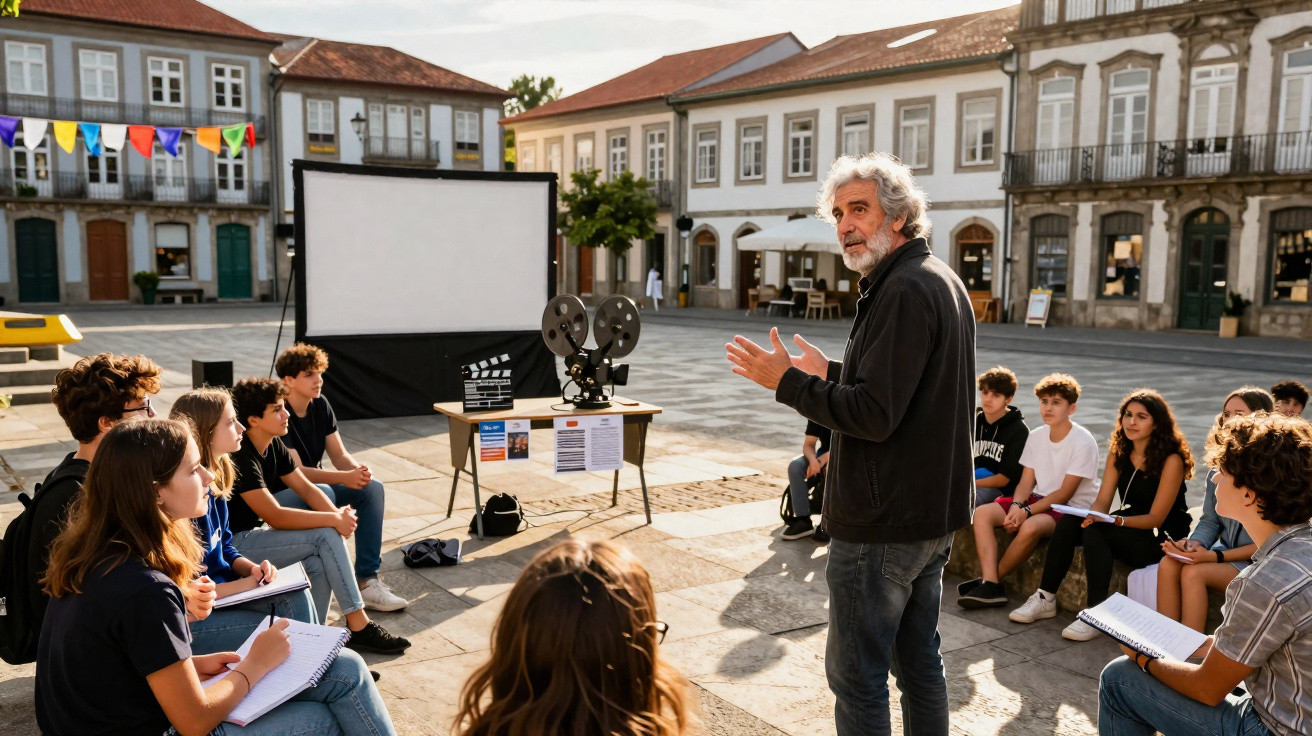 Homem idoso dá aula de cinema ao ar livre para grupo de jovens numa praça histórica com edifícios antigos.