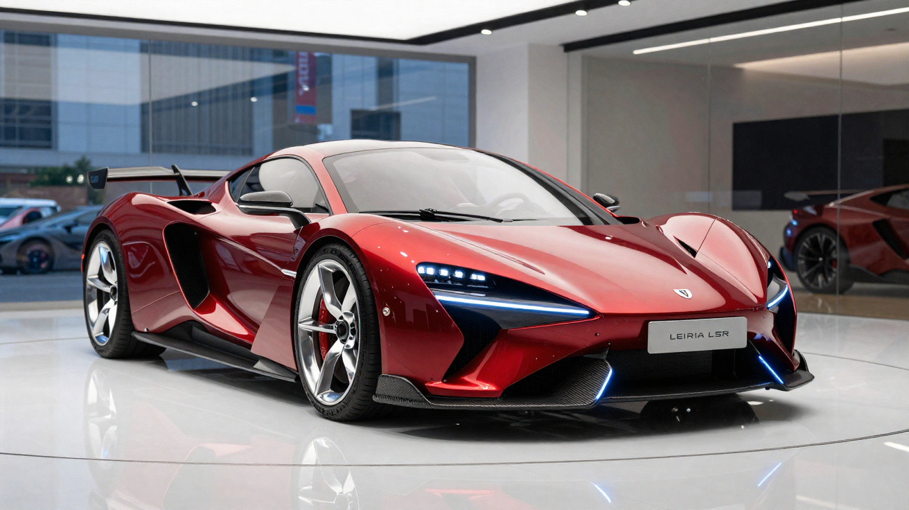 Carro desportivo vermelho Leiria LSR em exposição num showroom moderno com iluminação suave.