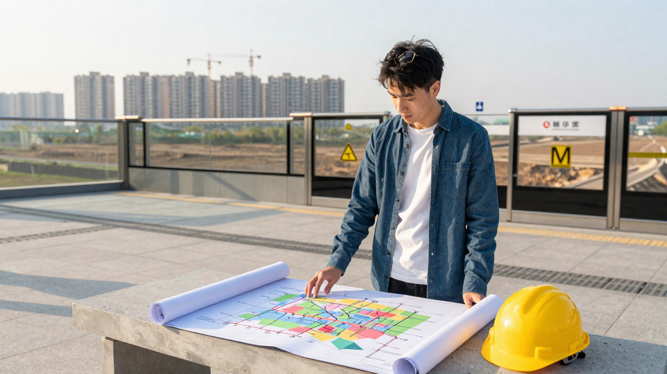 Homem a analisar planta de construção ao ar livre com capacete amarelo numa mesa de pedra.