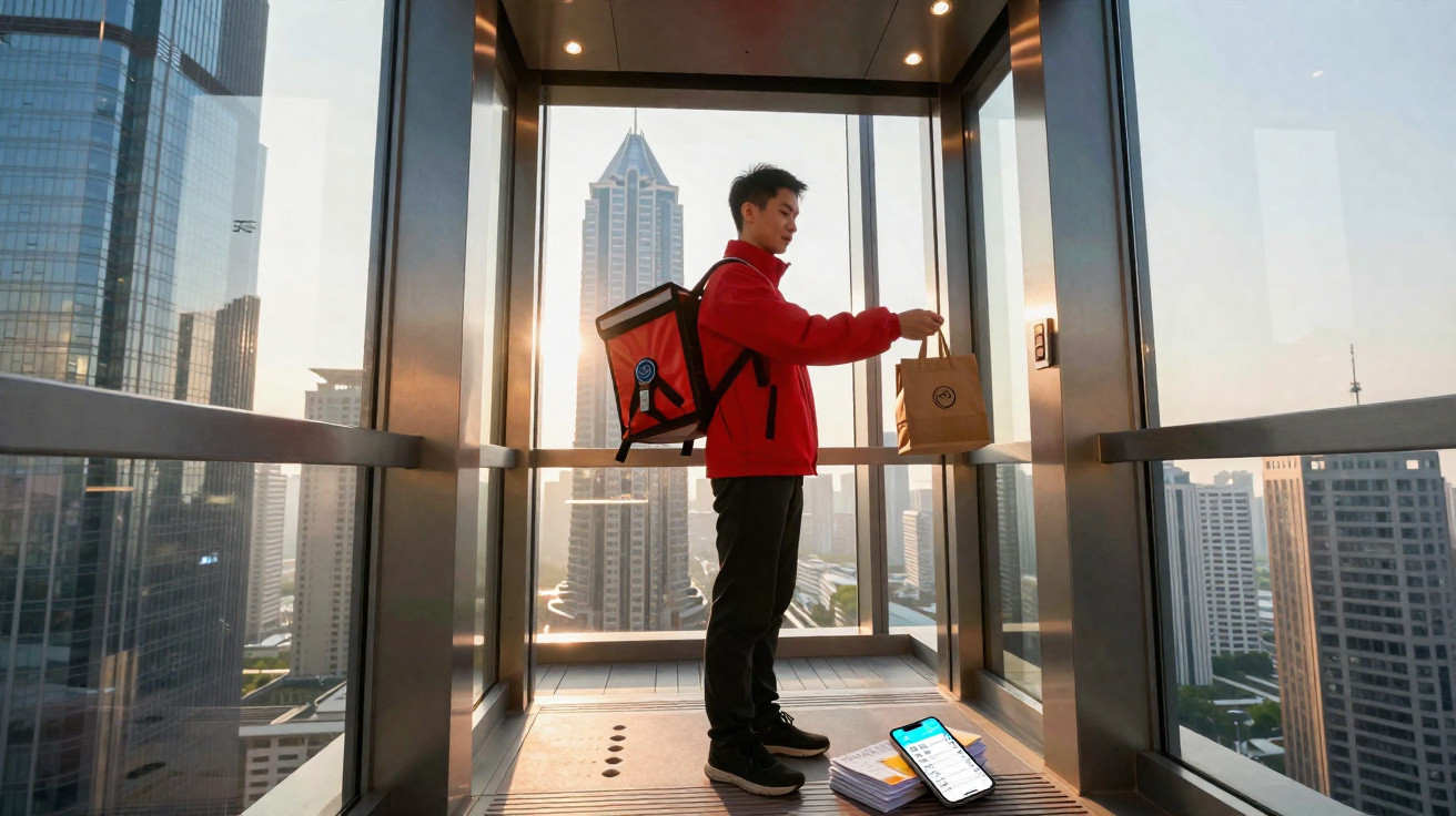 Entregador com mochila térmica transporta saco de papel num elevador de vidro em zona urbana moderna.