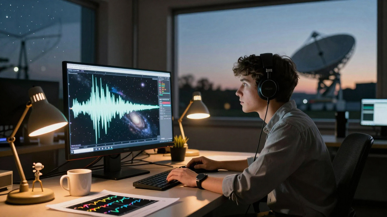 Jovem com auscultadores analisa dados astronómicos num computador numa sala com parabólica e dois candeeiros ligados.