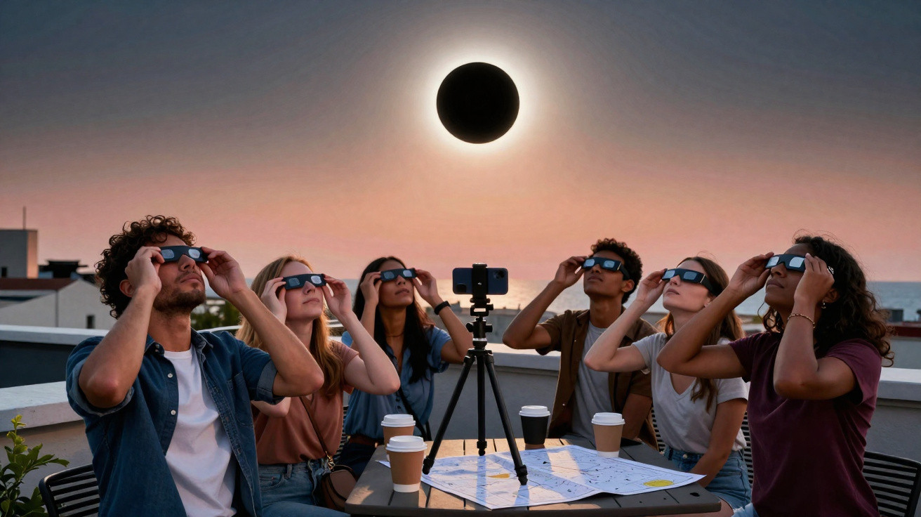 Grupo de jovens a observar eclipse solar com óculos especiais numa varanda ao pôr do sol.