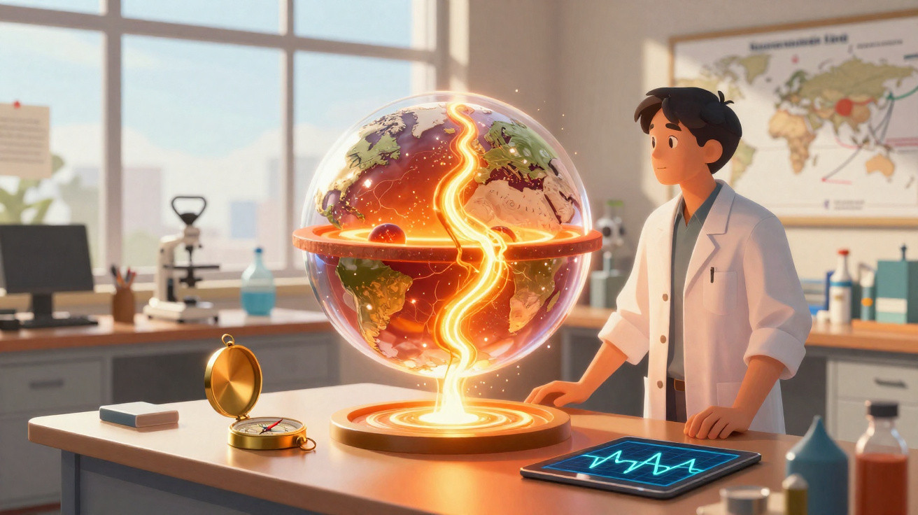 Cientista observa globo terrestre flutuante com fissura luminosa numa sala de laboratório moderno.