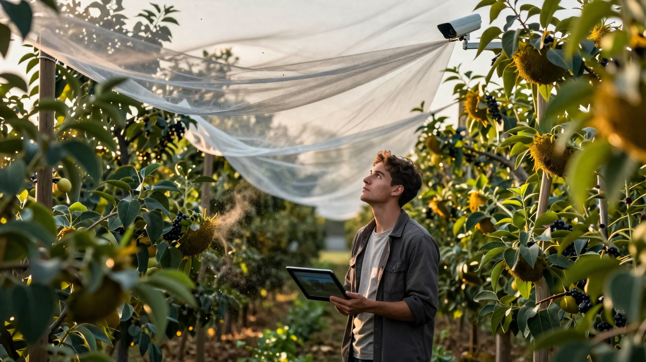 Jovem usa tablet para monitorizar cultura agrícola protegida por rede contra insetos ao pôr do sol.