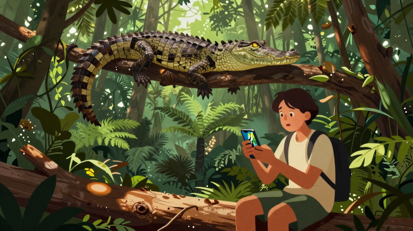 Jovem surpreendido por crocodilo em ramo numa floresta densa enquanto olha para o telemóvel.