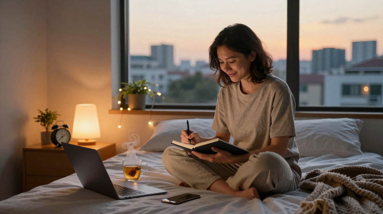 Mulher sentada na cama a escrever num caderno, com chá quente, portátil e telefone à frente ao entardecer.