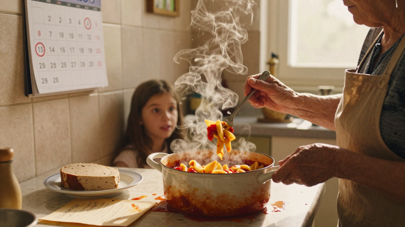 Criança observa pessoa a servir massa quente num tacho na cozinha, com calendário e pão na mesa.