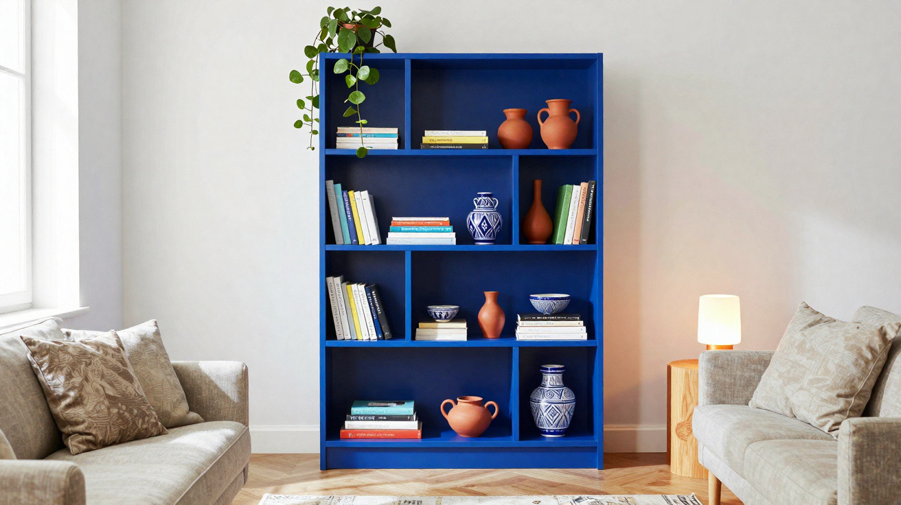 Estante azul com livros, vasos decorativos e planta, entre dois sofás cinzentos numa sala iluminada.