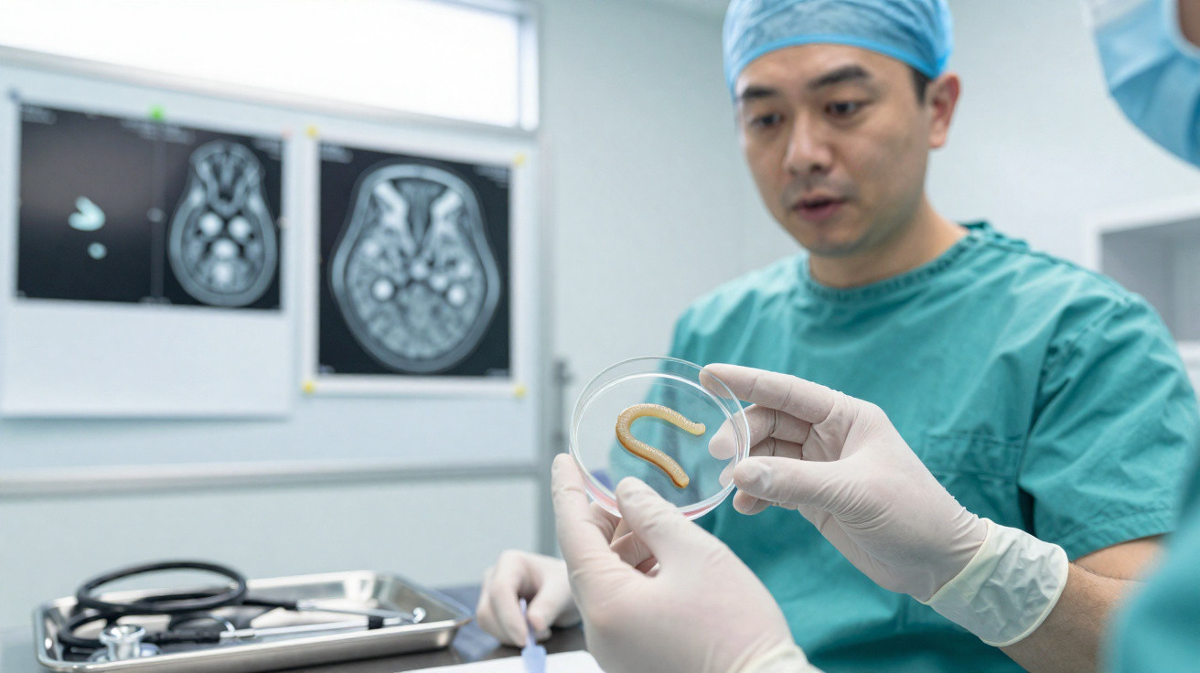 Médico em cirurgia segurando uma placa de Petri com amostra, com imagens de exames cerebrais ao fundo.