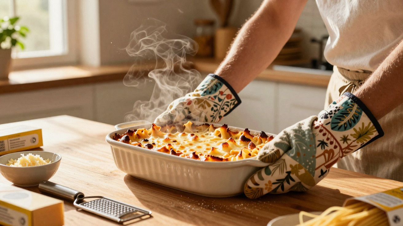 Pessoa a retirar uma travessa quente com lasanha fumegante da cozinha com luvas de forno coloridas.