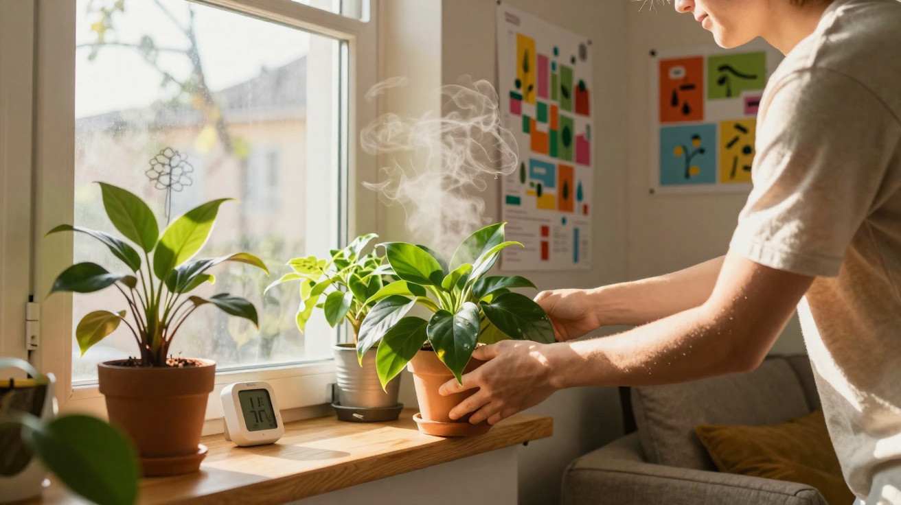 Pessoa a cuidar de planta com vapor à janela ensolarada, com outras plantas e decoração colorida ao fundo.
