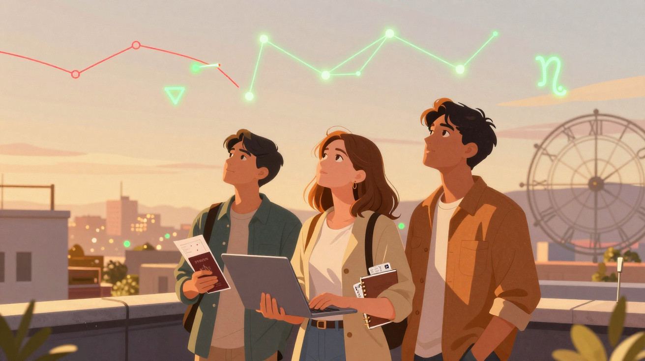 Três jovens numa varanda ao pôr do sol observam constelações digitais no céu da cidade.