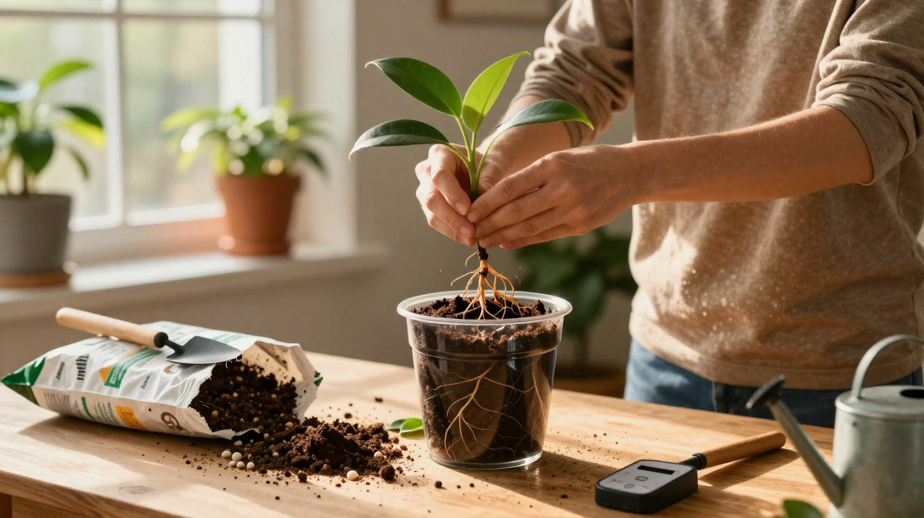 Pessoa a transplantar planta jovem com raízes visíveis num vaso transparente, mesa com terra e ferramentas de jardinagem.