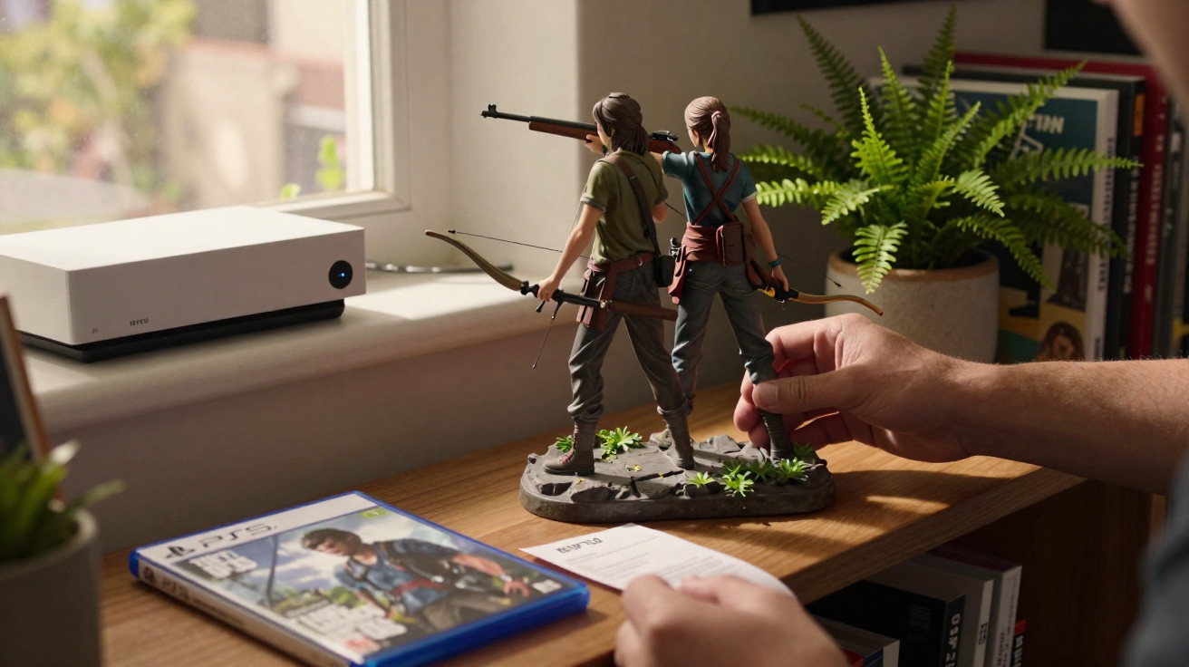 Figura dupla de personagens de videojogo The Last of Us numa mesa junto a uma caixa de jogo PS5 e plantas.