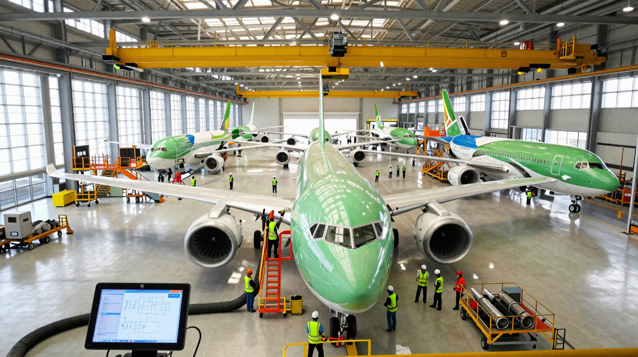 Interior de hangar com vários aviões verdes em montagem e técnicos a trabalhar.