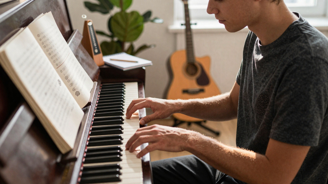 Jovem a tocar piano em sala, com partitura aberta e guitarra acústica ao fundo junto a janela.