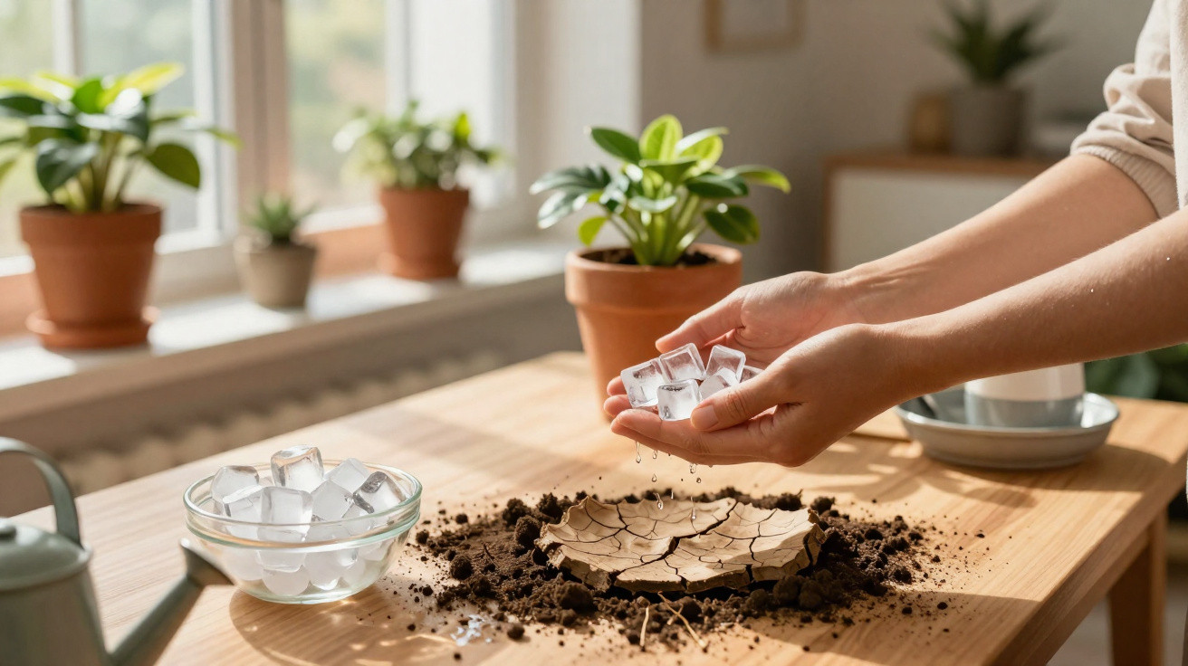 Mãos a segurarem cubos de gelo sobre terra seca e rachada numa mesa de madeira com plantas ao fundo.