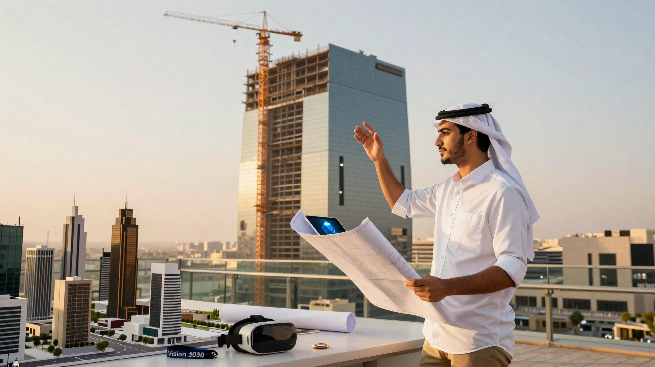 Homem árabe com túnica branca analisa projeto de construção no terraço com maquete e prédios ao fundo.