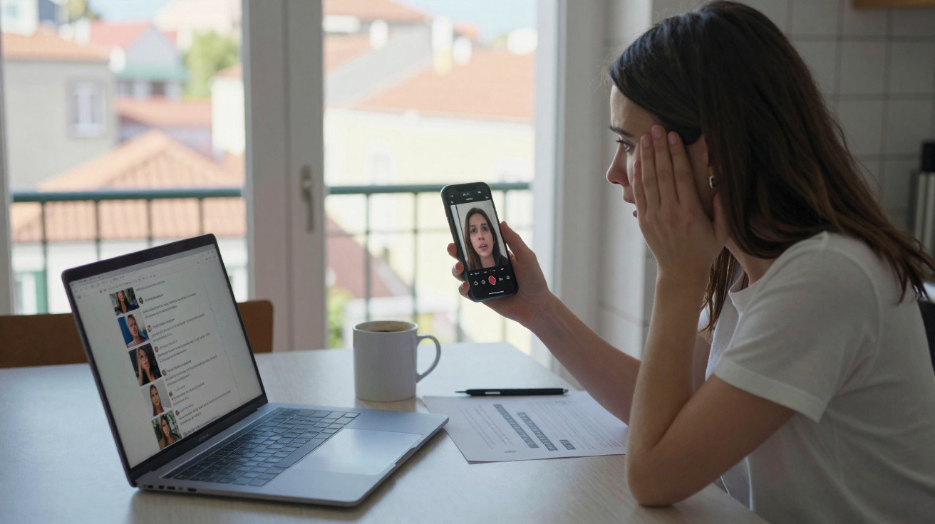 Mulher a fazer videochamada no telemóvel sentada à mesa com computador portátil, caneca e documentos.
