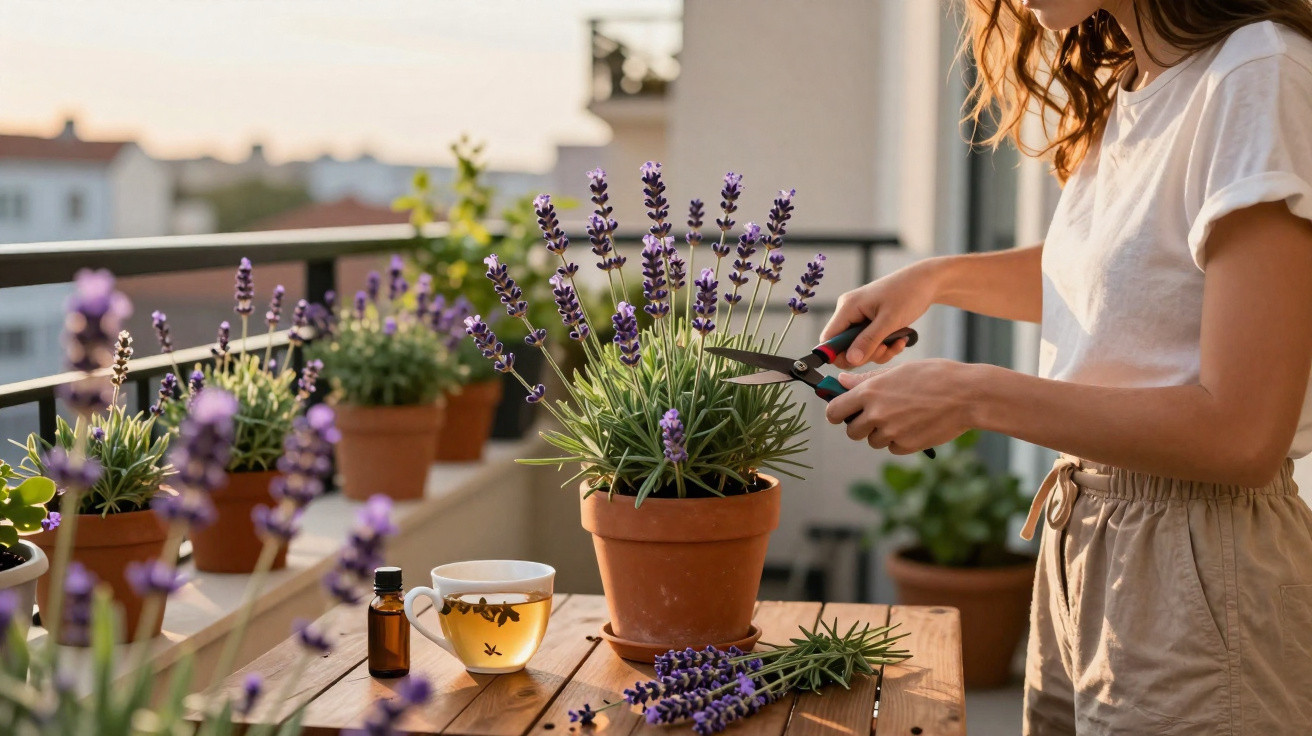 Mulher a cortar flores de lavanda em vaso num terraço com chá e óleo essencial numa mesa de madeira.