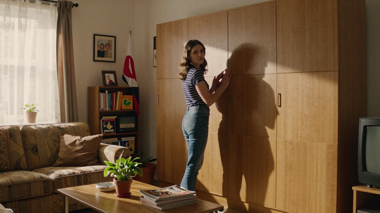 Mulher de jeans e t-shirt listrada abre armário de madeira numa sala com sofá, mesa e TV antiga.