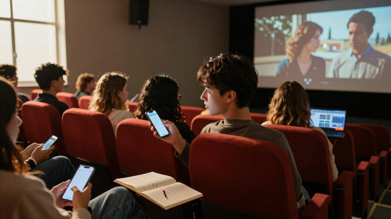 Pessoas sentadas numa sala com cadeiras vermelhas a ver um filme, algumas usam telemóveis e uma tem caderno aberto.