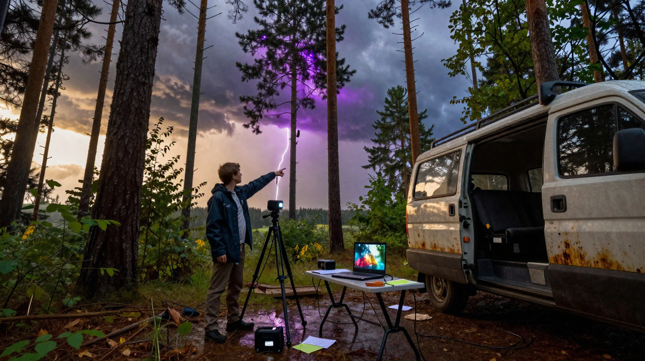 Pessoa na floresta a fotografar relâmpago com câmara, perto de carrinha e mesa com computador portátil.