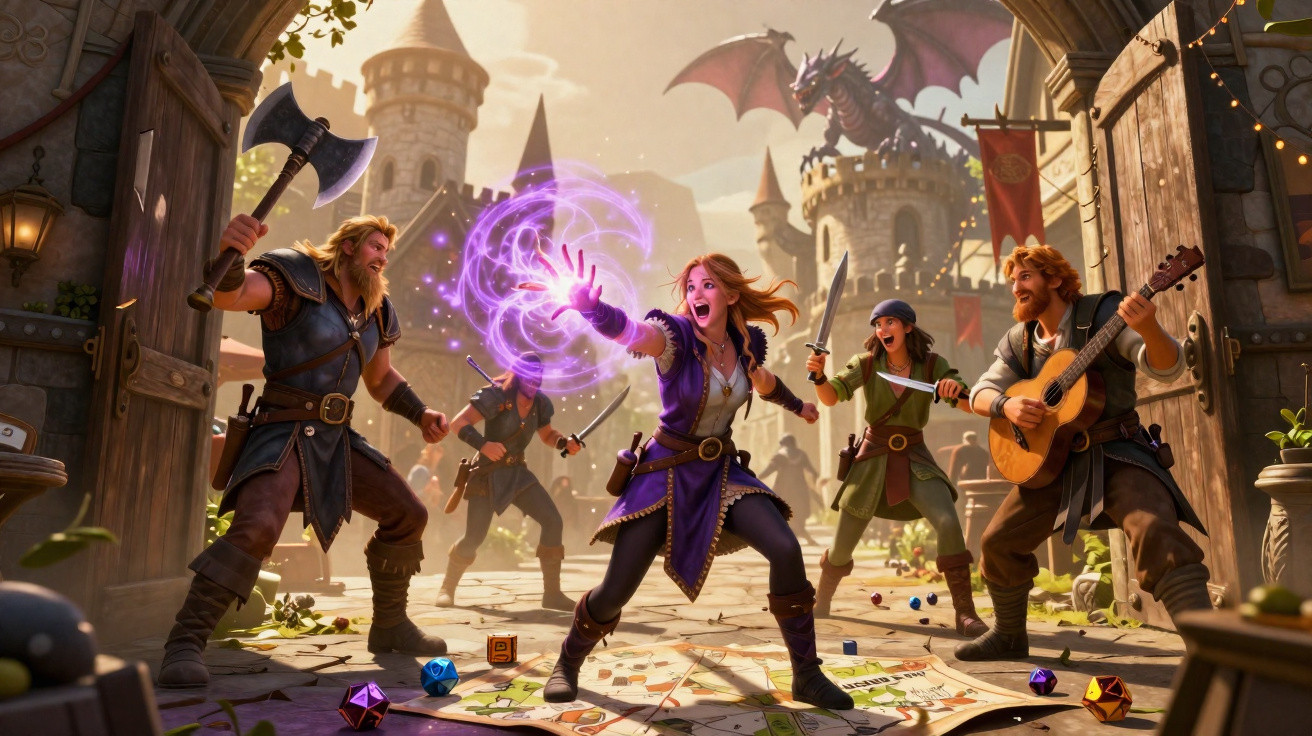 Grupo de aventureiros enfrenta dragão com magia, armas e música numa vila medieval fantasiada.