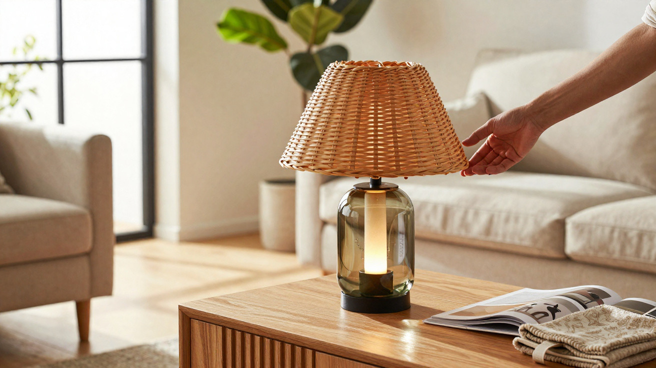 Lâmpada de mesa com cúpula em rattan numa sala iluminada, sobre mesa de madeira com revista e tecido.