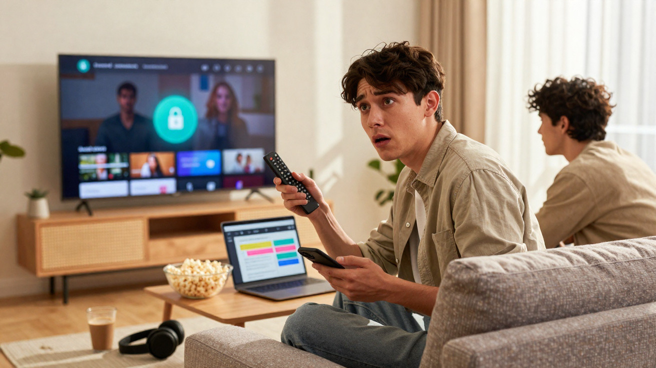 Dois jovens sentados na sala, um com comando na mão e computador portátil aberto, TV ligada ao fundo.