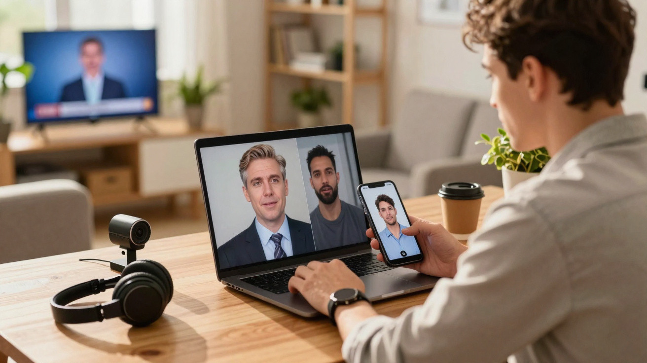 Pessoa faz videoconferência em computador e telemóvel numa mesa com auscultadores e câmara ao lado.