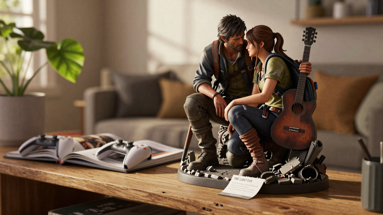 Estatueta de dois personagens do videojogo The Last of Us numa sala, sobre uma mesa de madeira.