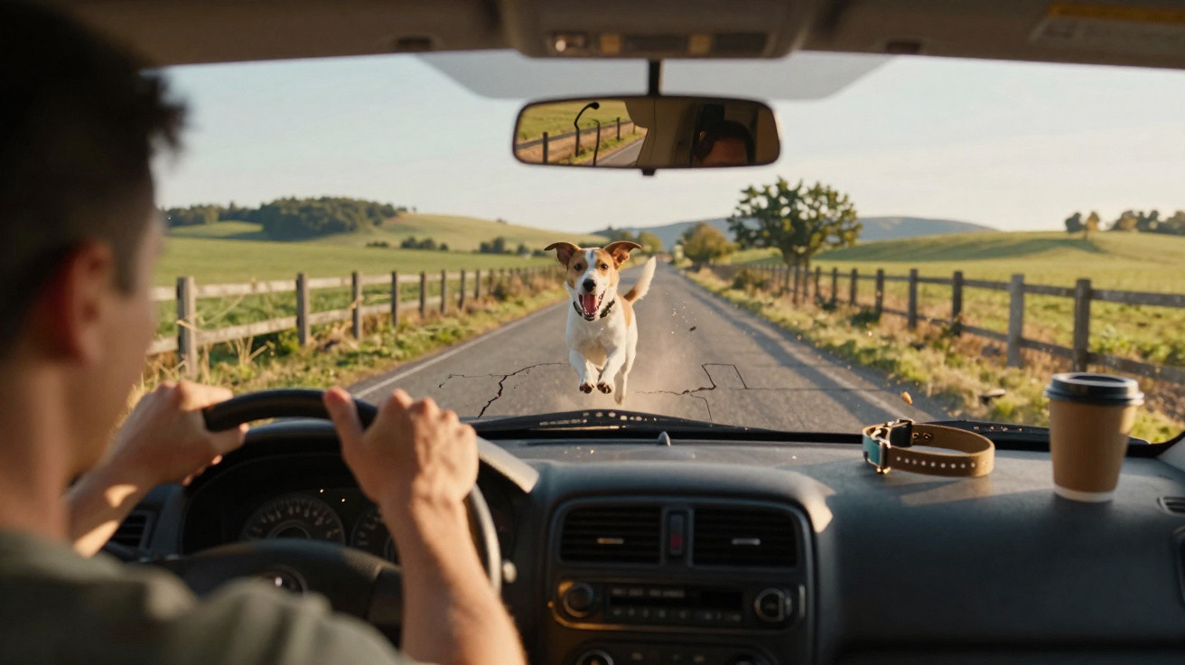 Interior de carro a conduzir em estrada rural com cão a correr à frente em direção ao veículo.