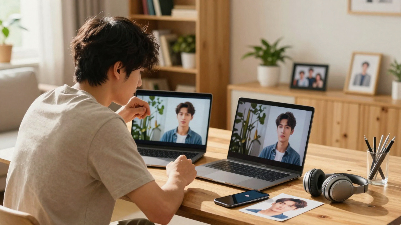 Homem sentado à secretária a assistir vídeo com a mesma pessoa em dois computadores portáteis.