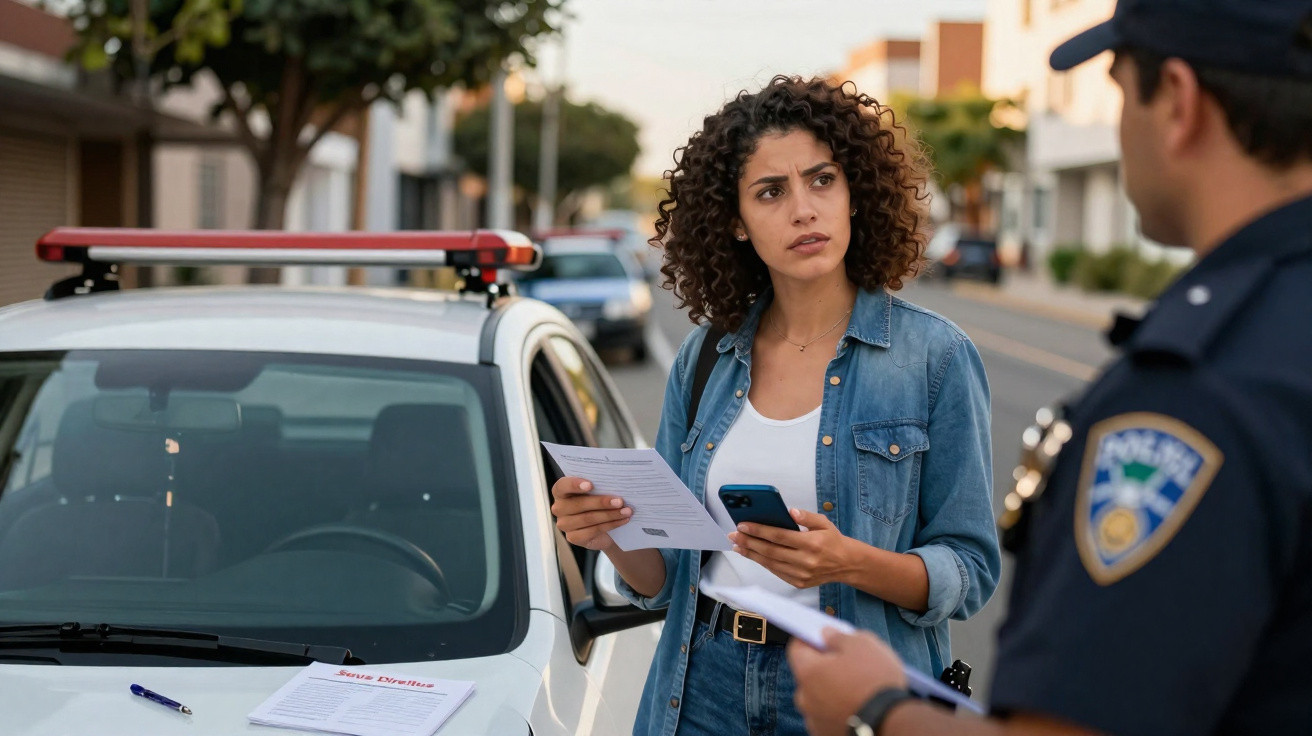 Mulher de cabelo encaracolado entrega documentos a polícia ao lado de carro branco numa rua movimentada.