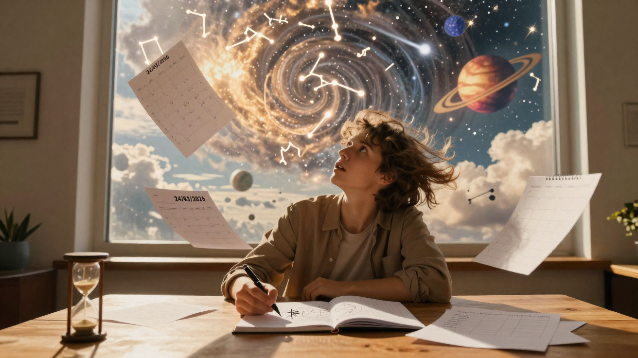 Pessoa a escrever num caderno com planetas e constelações visíveis numa janela luminosa atrás dela.