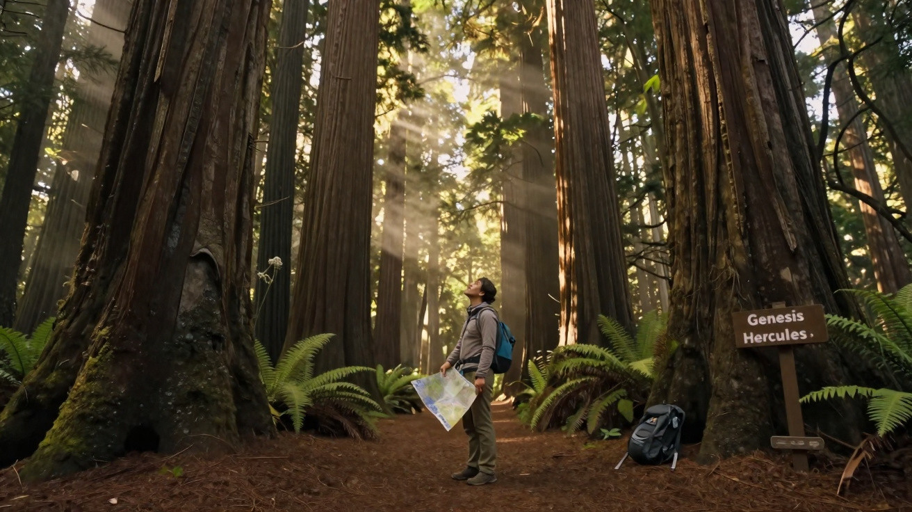 Pessoa com mochila e mapa numa floresta densa de árvores altas com luz solar a entrar pelas copas.