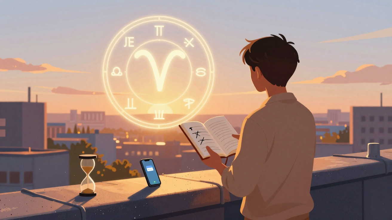 Jovem num terraço ao amanhecer lê livro com símbolos de signos astrológicos flutuando no ar.