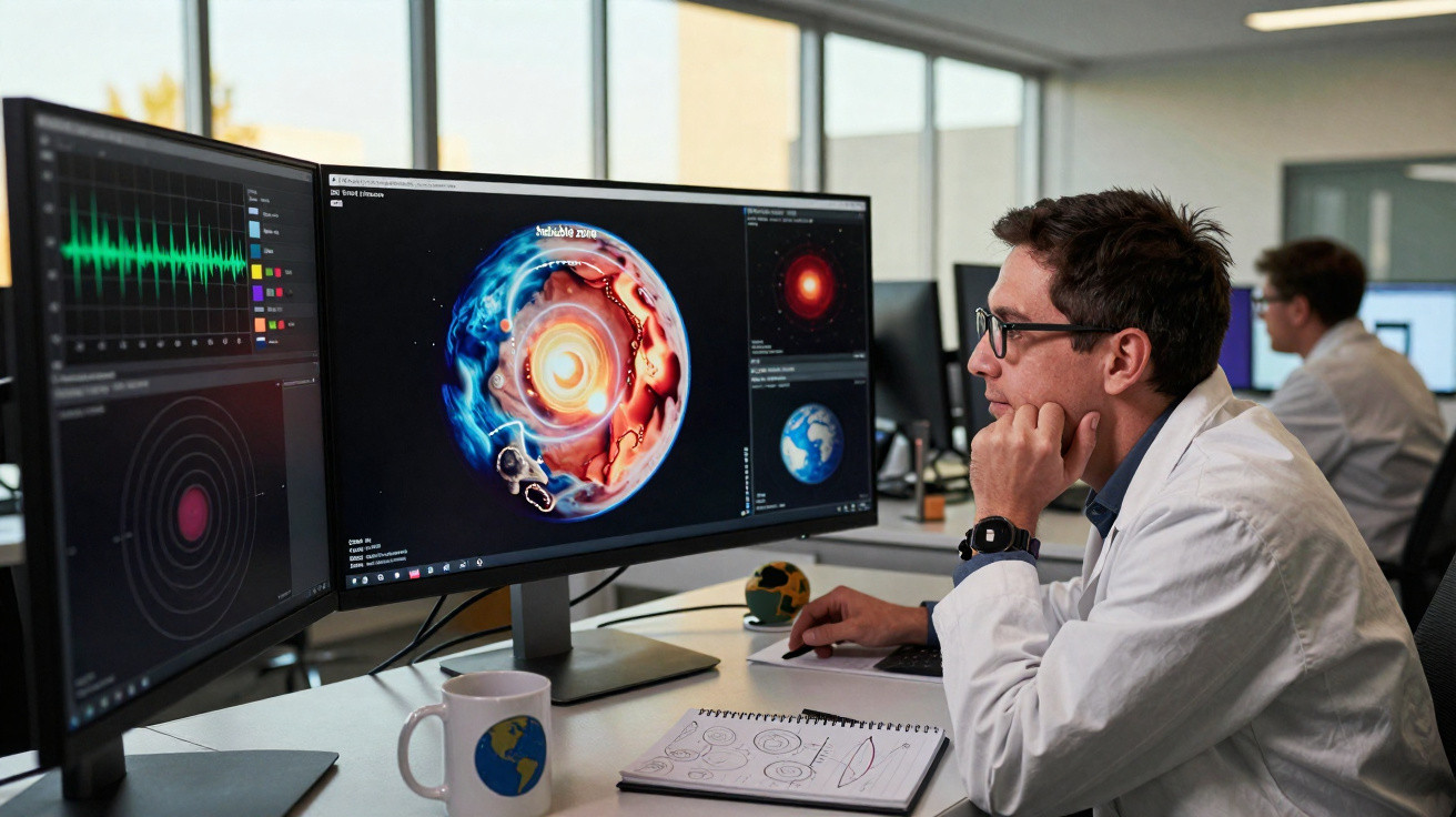 Cientista a analisar dados e imagens de planetas em dois ecrãs num laboratório moderno.