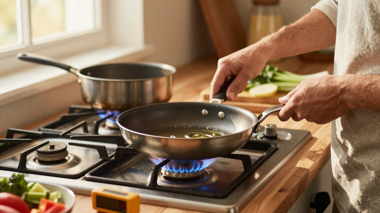 Pessoa a cozinhar com frigideira sobre fogão a gás numa cozinha iluminada por luz natural.