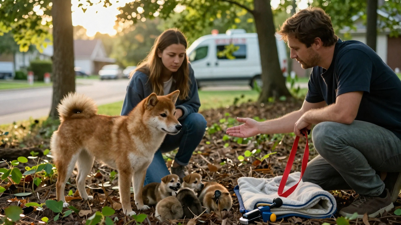 Homem e mulher interagem com cão e cachorros numa área ao ar livre coberta de folhas.