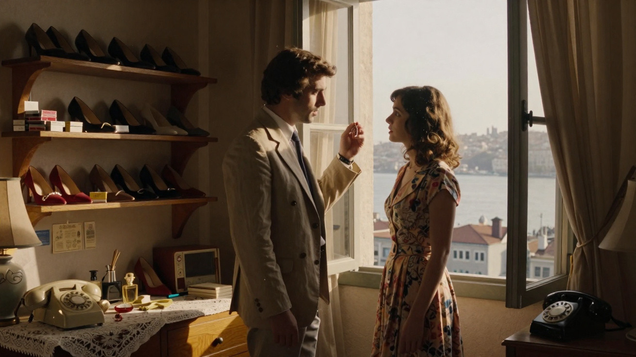 Homem e mulher de pé junto a uma janela aberta com vista para a cidade em quarto vintage com sapatos e telefone antigo.