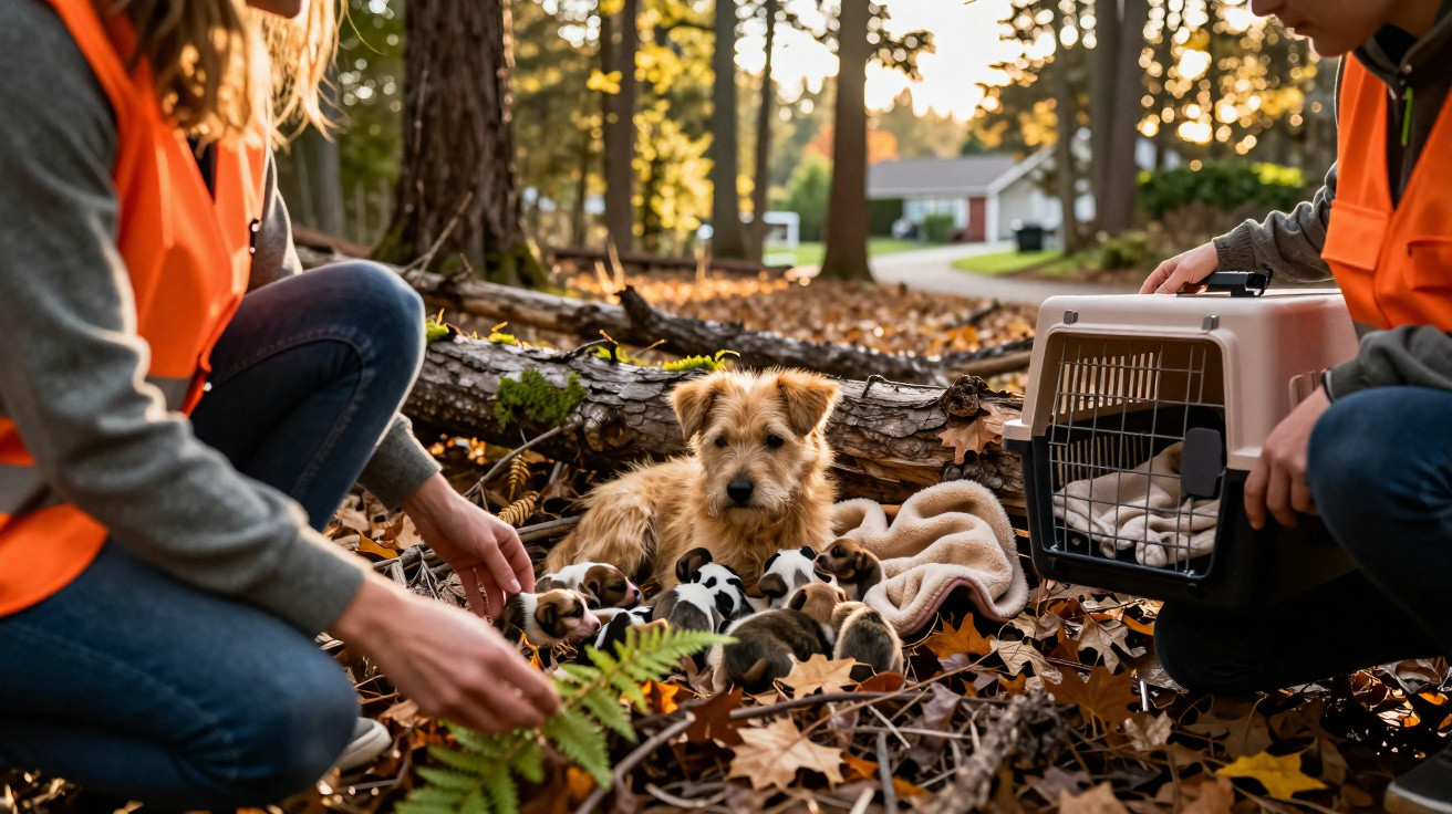 Dois voluntários com coletes laranja cuidam de uma cadela e seus cachorros ao ar livre no outono.