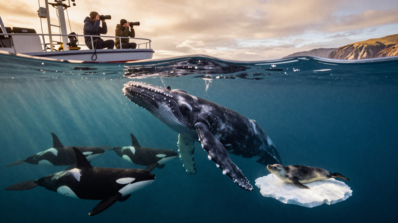 Baleia, baleias orcas e foca junto a barco com pessoas a observar e fotografar no mar calmo.