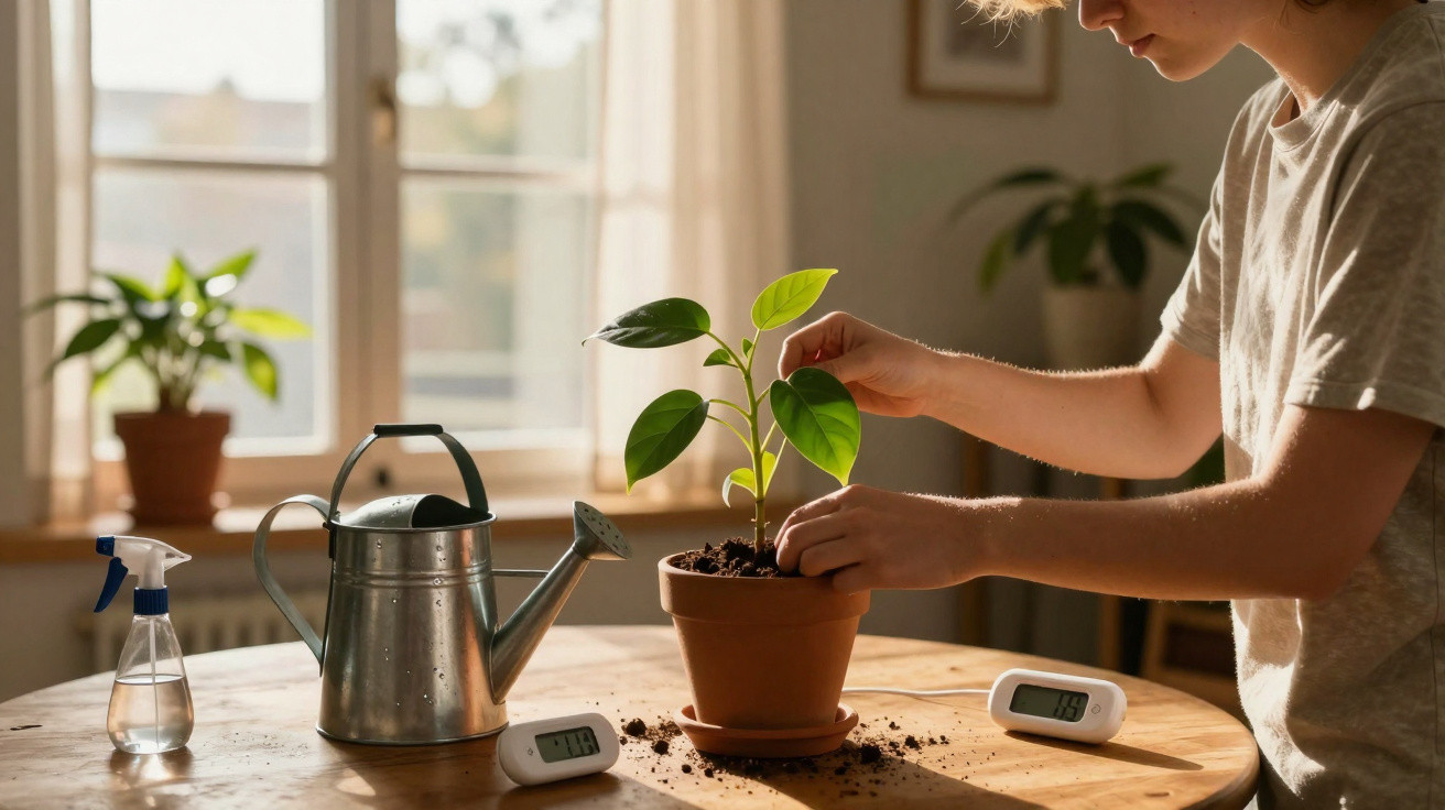 Pessoa a cuidar de planta numa mesa com regador, pulverizador e termómetros num ambiente luminoso.