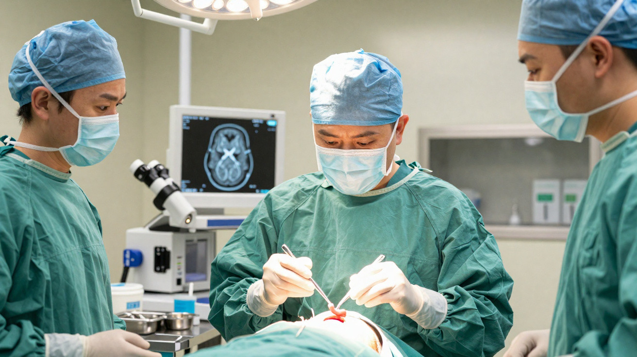 Três cirurgiões em sala de operação realizando cirurgia enquanto monitor de scanner cerebral está ligado ao fundo.