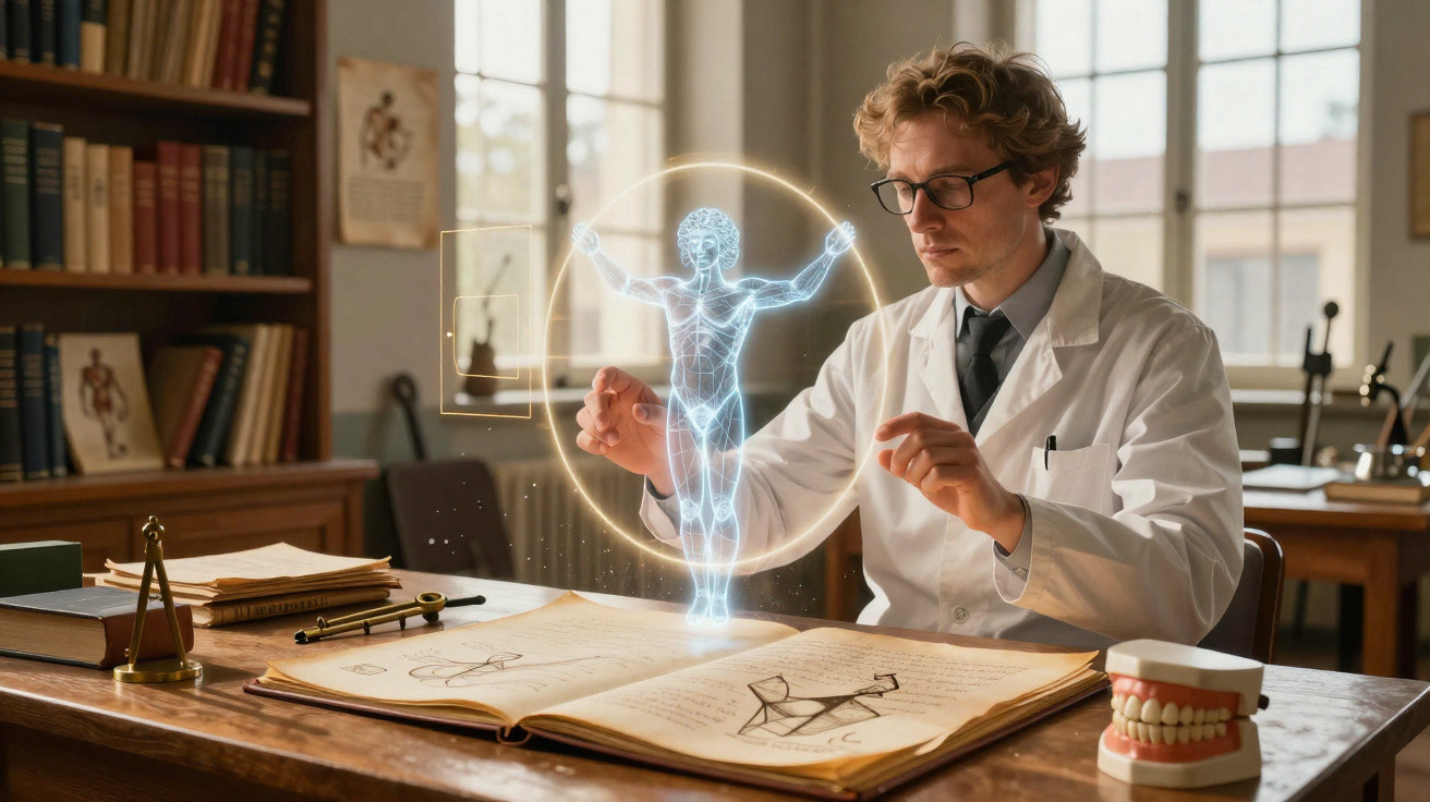 Homem de jaleco branco manipula holograma anatómico sobre livro antigo numa sala de estudo.