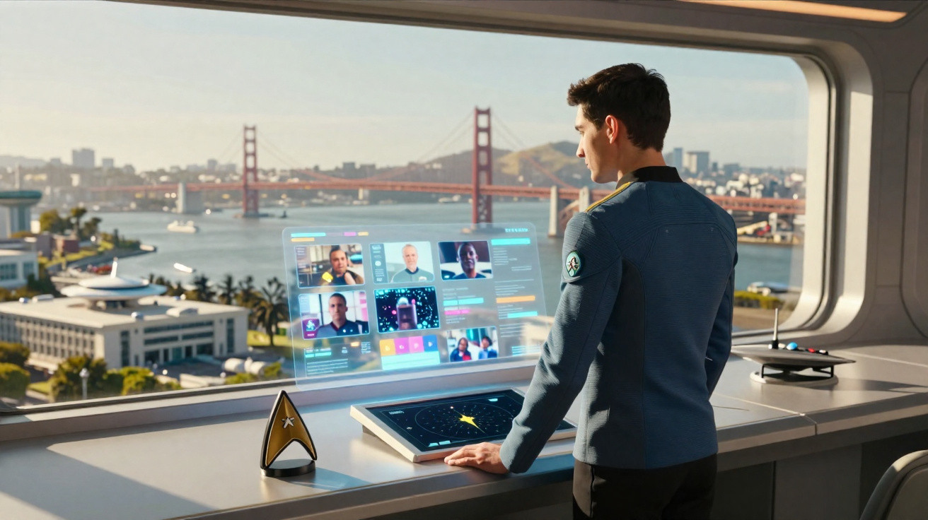 Homem em uniforme futurista observa painel holográfico com videoconferência, com ponte Golden Gate ao fundo.