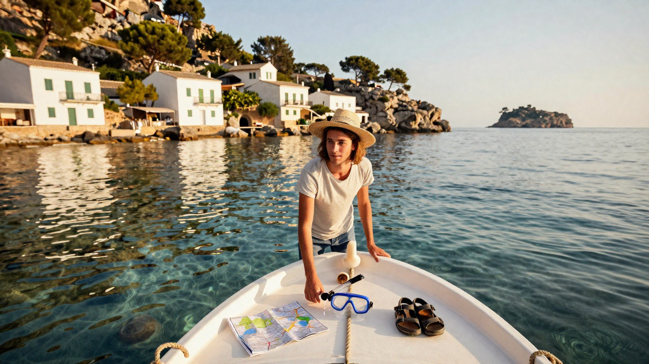 Jovem de chapéu num barco branco junto a casas brancas à beira de águas transparentes e ilha ao fundo.